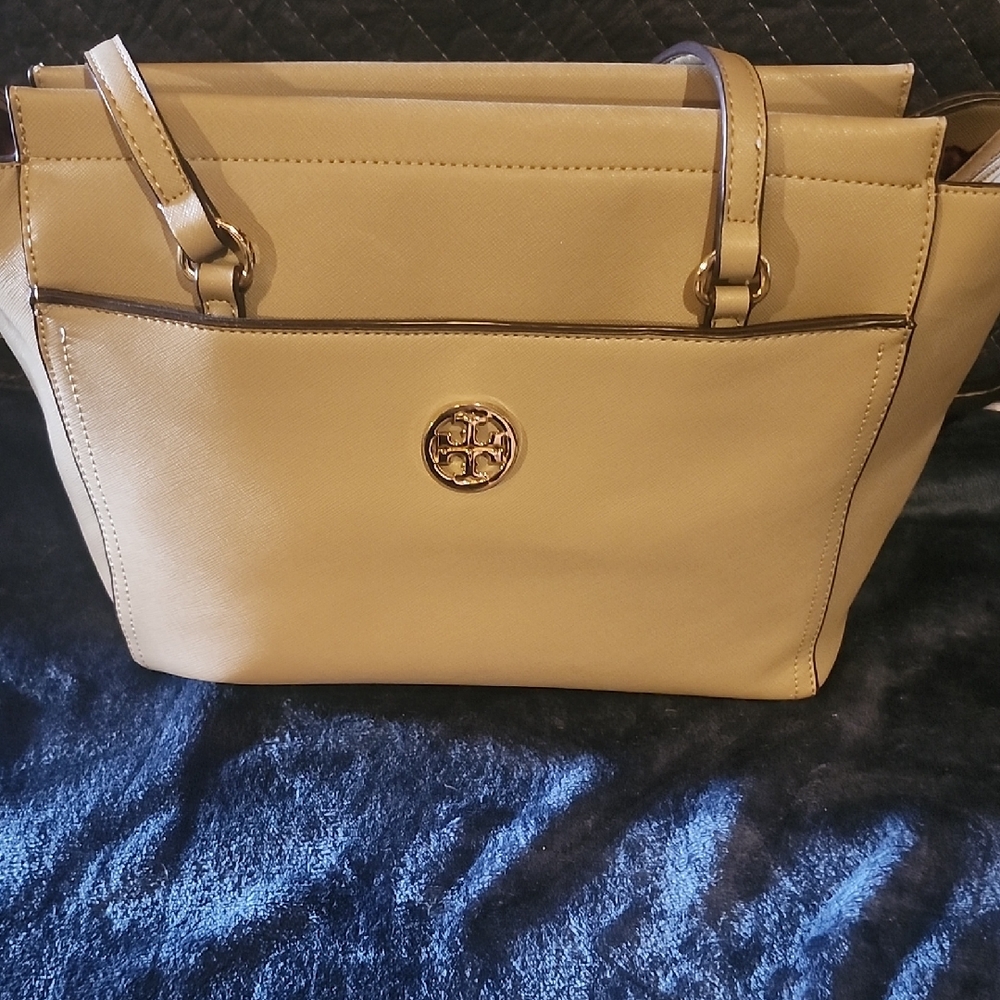 Tory Burch Tan Saffiano Leather Tote with Gold Logo